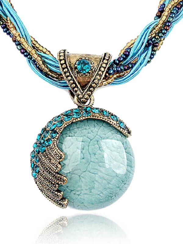 Daily Wear Retro Vintage Bohemian Style Statement Beaded Weave Rope Chain Rhinestone Turquoise Pendant Collar Necklace Fashion Jewelry for Women Lady